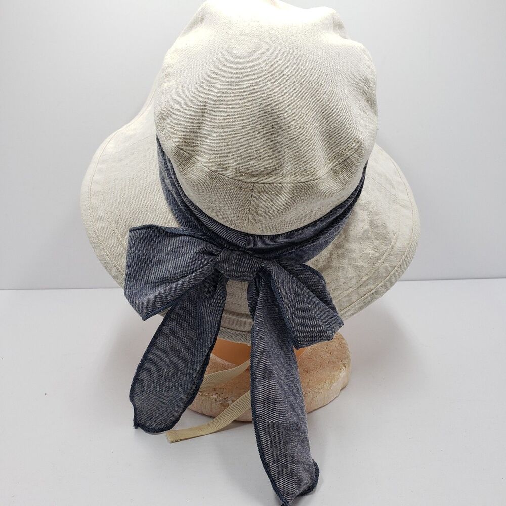 Duluth Trading Company Hat Wide Brim Sun Rootstock Bucket S/M Ivory Navy Bow